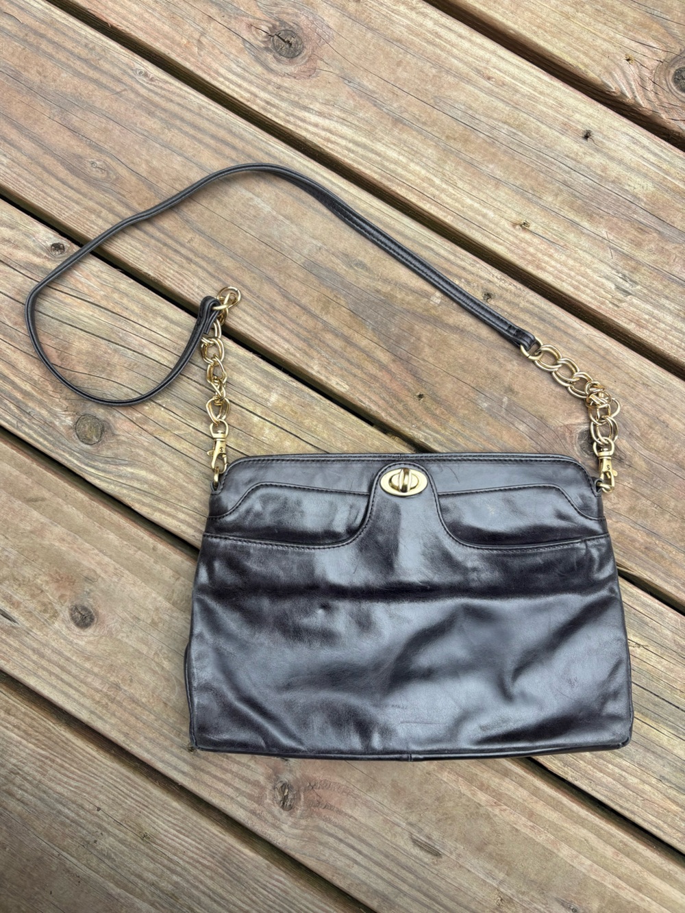 HOBO Black Leather Shoulder Bag with Gold Chain Strap